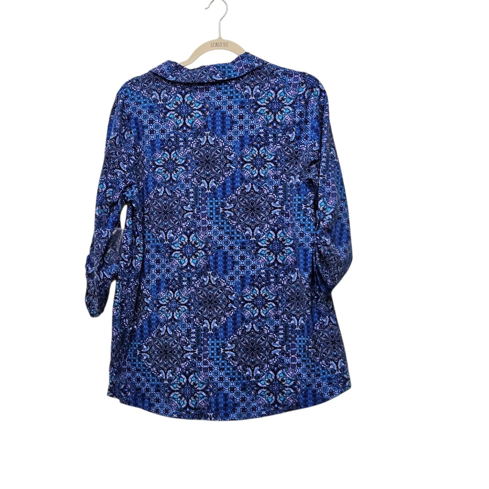 Soft Surroundings NWOT Blue Geometric Artsy Button Down Roll Tab Sleeve Shirt M - Picture 2 of 8